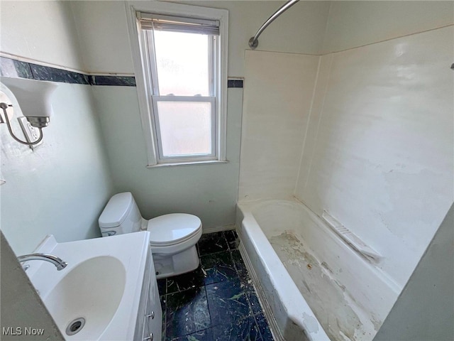 full bathroom with shower / washtub combination, vanity, and toilet