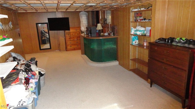 basement with light colored carpet and wooden walls