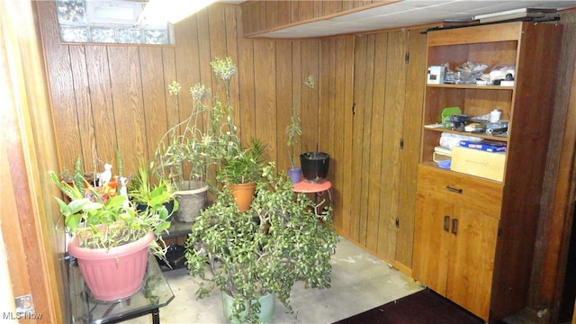 interior space with wooden walls and concrete flooring