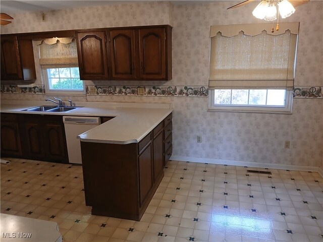 kitchen featuring sink, dishwasher, dark brown cabinets, and ceiling fan