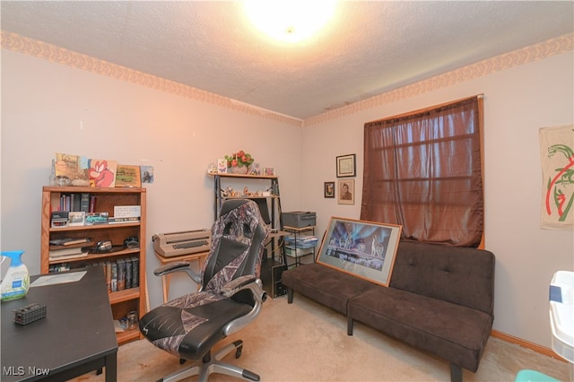 office area featuring a textured ceiling and carpet flooring