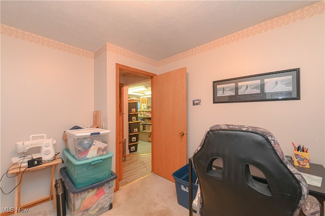 carpeted office featuring a textured ceiling