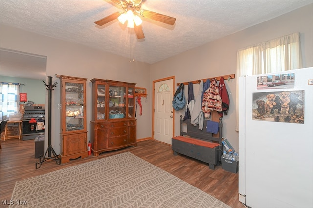 interior space with ceiling fan, a textured ceiling, and dark hardwood / wood-style flooring