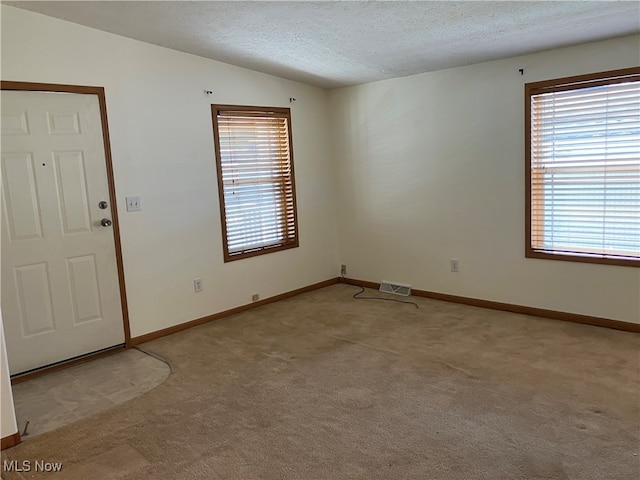 unfurnished room featuring vaulted ceiling, a textured ceiling, and light colored carpet