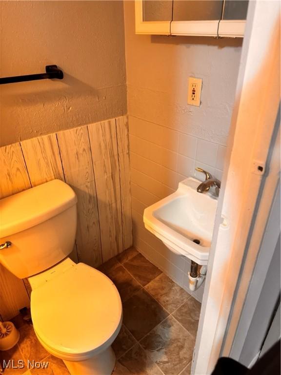 bathroom featuring sink, tile walls, and toilet