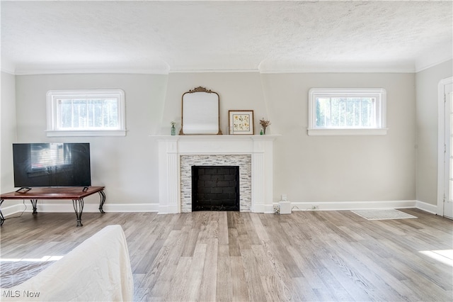 living room featuring a textured ceiling, a healthy amount of sunlight, a stone fireplace, and light hardwood / wood-style floors