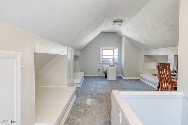 additional living space featuring a textured ceiling, carpet, and lofted ceiling