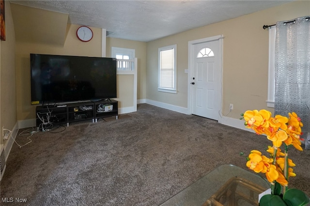 living room with a textured ceiling and carpet