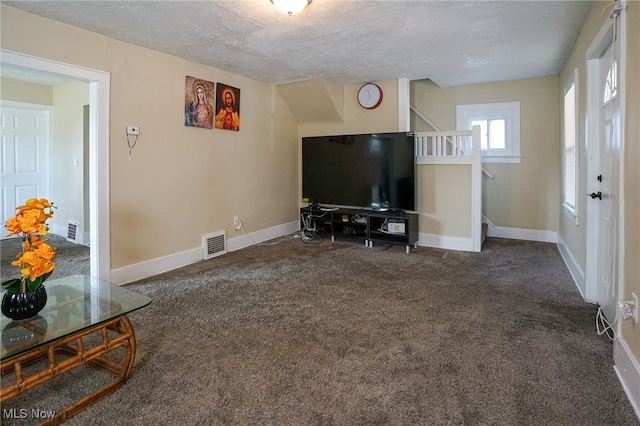 living room featuring a textured ceiling and carpet floors