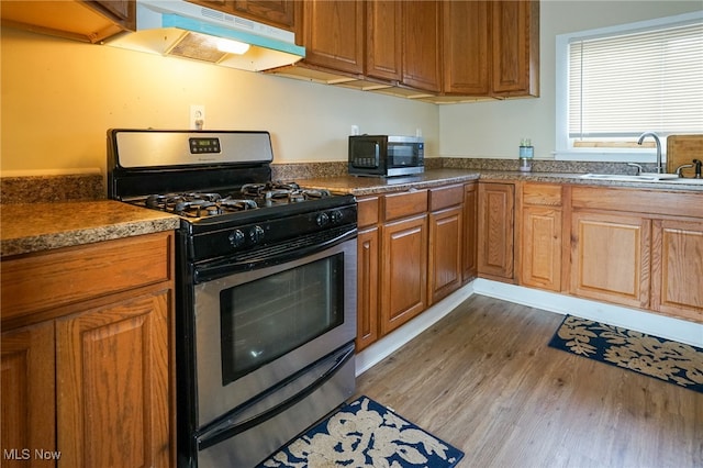 kitchen with appliances with stainless steel finishes, light hardwood / wood-style flooring, and sink