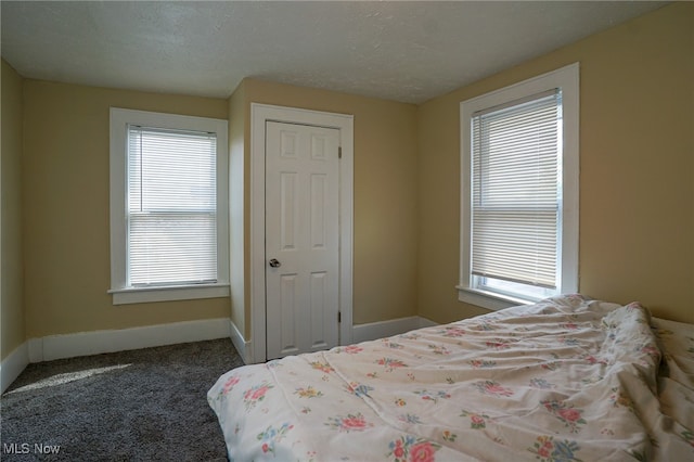 carpeted bedroom with multiple windows and a textured ceiling