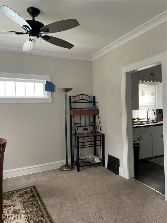 living room featuring crown molding, carpet flooring, ceiling fan, and sink