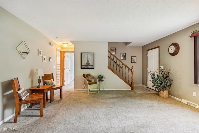 living area with a textured ceiling and light colored carpet