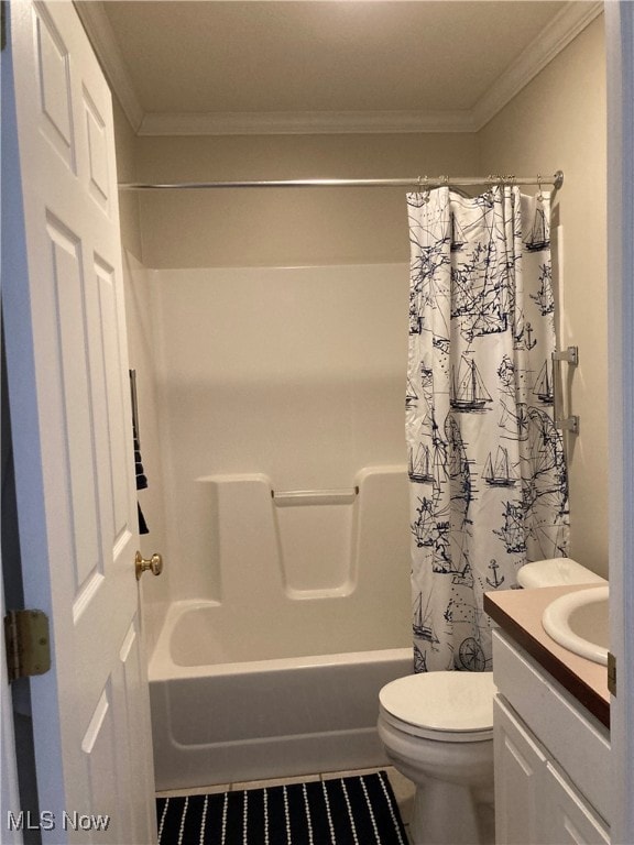 full bathroom with ornamental molding, vanity, toilet, and shower / tub combo