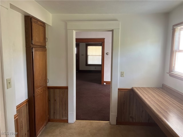 hall with light carpet and wooden walls