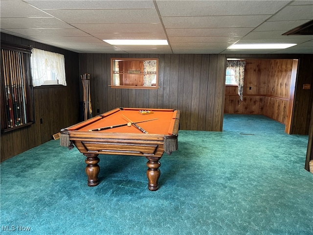 playroom with plenty of natural light, billiards, wood walls, and carpet flooring