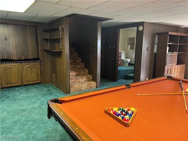 game room featuring wood walls, billiards, a paneled ceiling, and carpet floors