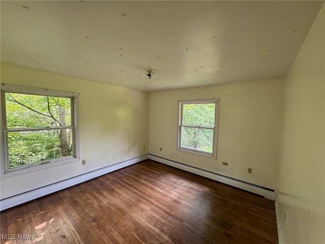 unfurnished room featuring a baseboard radiator and dark hardwood / wood-style floors