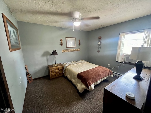 carpeted bedroom with a textured ceiling, baseboard heating, cooling unit, and ceiling fan