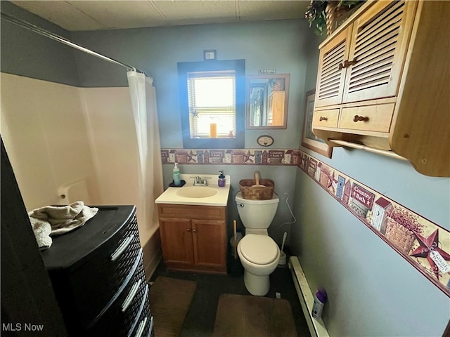 bathroom with a baseboard heating unit, a shower with curtain, toilet, and vanity