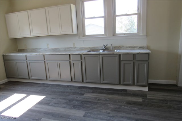 kitchen with sink, dark hardwood / wood-style floors, and gray cabinets