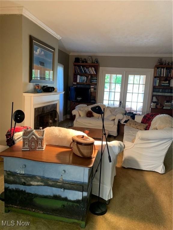 28815 State Route 7 N, Marietta, OH 45750 - living room featuring carpet floors, crown molding, and a premium fireplace