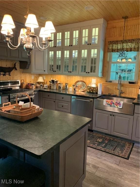 28815 State Route 7 N, Marietta, OH 45750 - kitchen featuring dark countertops, gray cabinetry, wooden ceiling, stainless steel appliances, and a sink