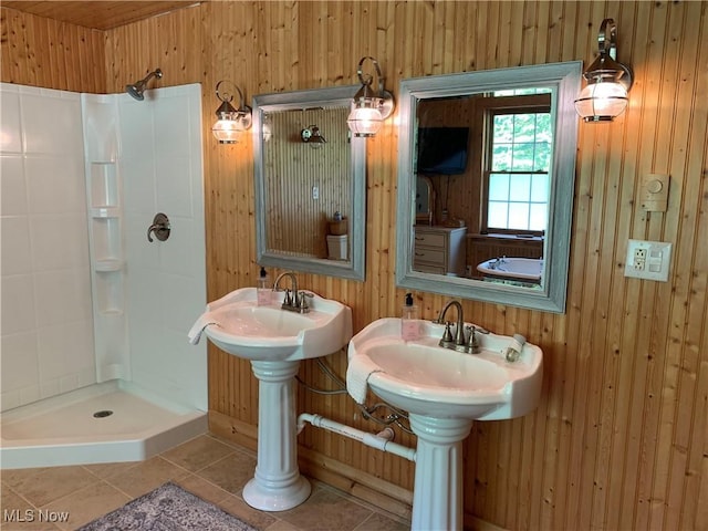 28815 State Route 7 N, Marietta, OH 45750 - bathroom featuring tile patterned flooring, a shower stall, and wood walls