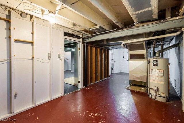 basement with heating unit and water heater