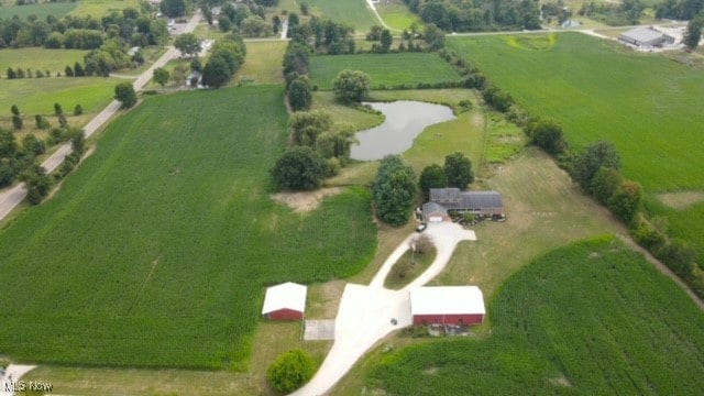 aerial view featuring a water view and a rural view