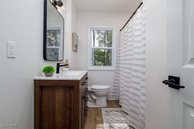 bathroom with vanity, toilet, curtained shower, and hardwood / wood-style flooring