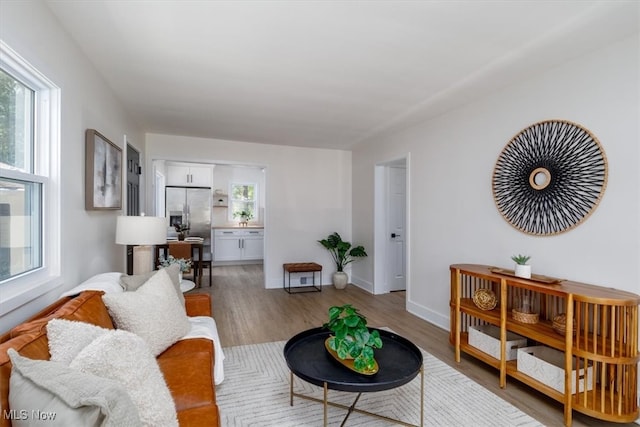 living room featuring a wealth of natural light and light hardwood / wood-style floors