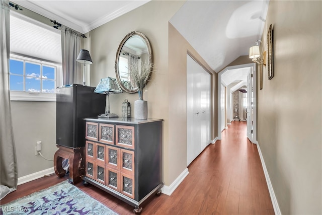 corridor featuring ornamental molding and dark hardwood / wood-style flooring