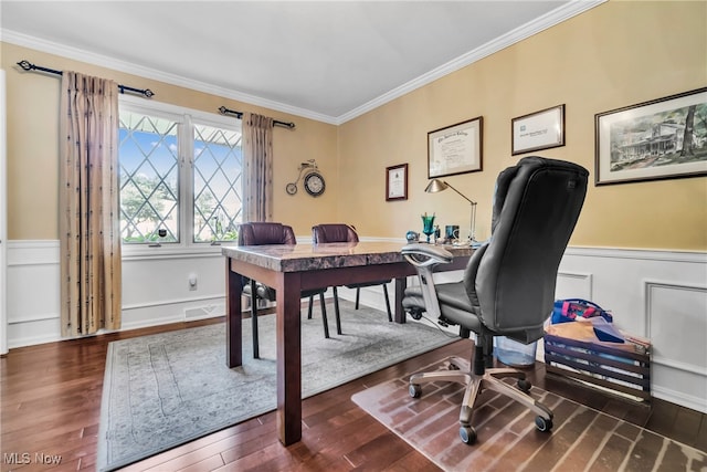 office with ornamental molding and dark hardwood / wood-style floors