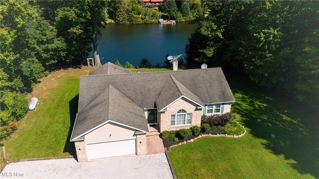 drone / aerial view featuring a water view