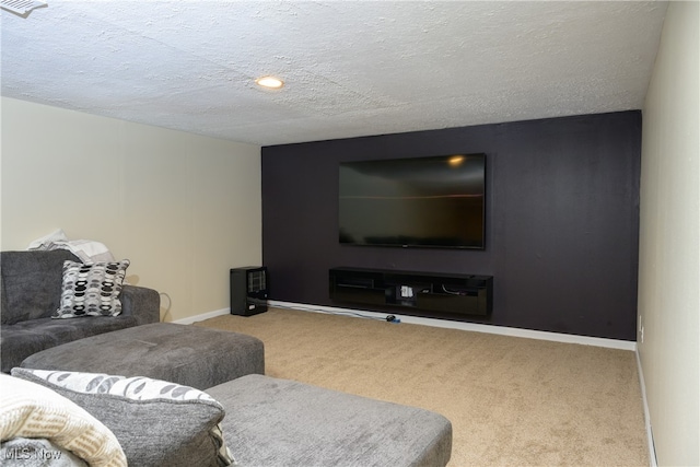 carpeted living room with a textured ceiling