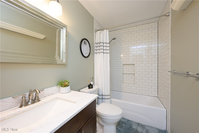 full bathroom with shower / bathtub combination with curtain, toilet, and vanity