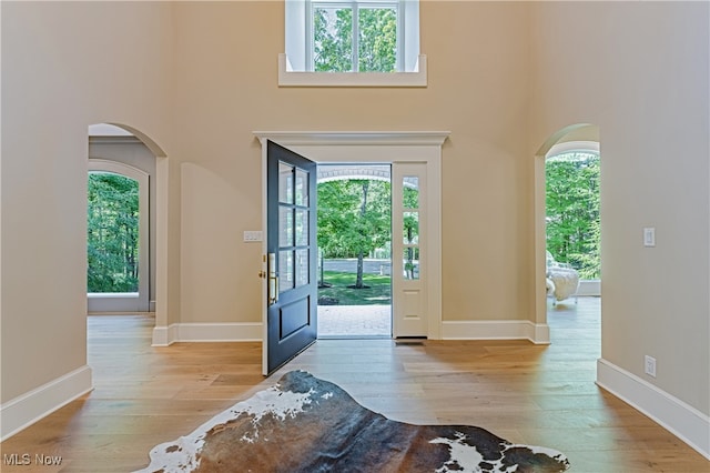 entryway featuring light wood-type flooring and a towering ceiling