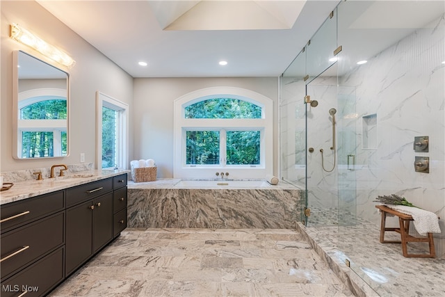 bathroom with plenty of natural light, separate shower and tub, and vanity