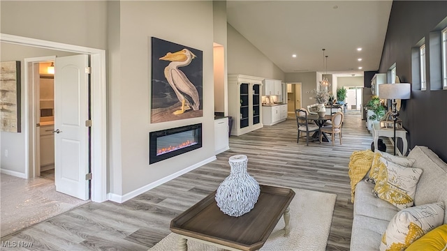 living room with light hardwood / wood-style floors and high vaulted ceiling