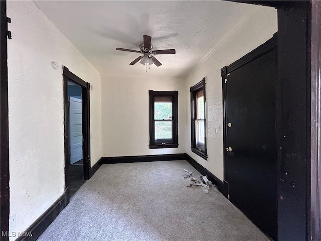 spare room with ceiling fan and light colored carpet