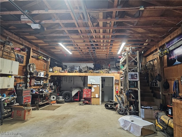 garage with a workshop area