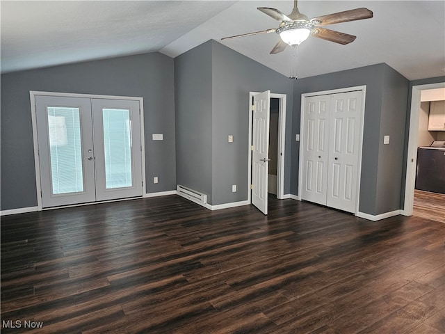 unfurnished bedroom with dark wood-type flooring, lofted ceiling, baseboard heating, ceiling fan, and french doors