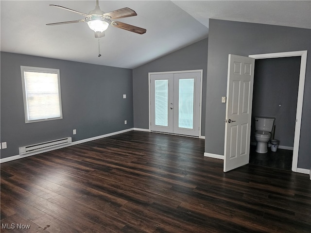 unfurnished room featuring ceiling fan, french doors, a baseboard radiator, vaulted ceiling, and dark hardwood / wood-style flooring