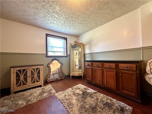 sitting room with dark wood-type flooring and a textured ceiling