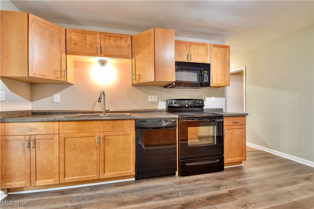 kitchen with black appliances, sink, and dark hardwood / wood-style floors