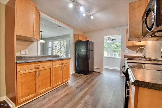 kitchen featuring appliances with stainless steel finishes, hardwood / wood-style flooring, a wealth of natural light, and ceiling fan