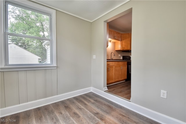 empty room featuring crown molding and dark hardwood / wood-style flooring