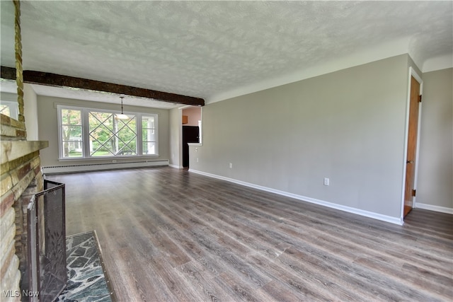 unfurnished living room featuring a textured ceiling, a baseboard radiator, beam ceiling, and hardwood / wood-style flooring