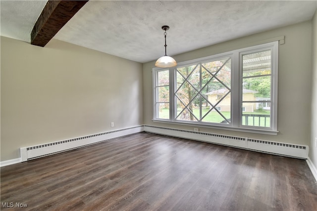 unfurnished room with a baseboard radiator, dark hardwood / wood-style floors, beamed ceiling, and a textured ceiling